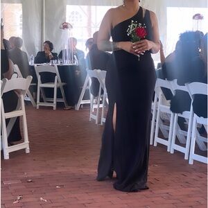 Davids Bridal cutout one-shoulder crepe gown with skirt slit